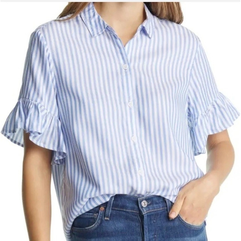 "NWT" Beach Lunch Lounge Ruffled Short Sleeve Button Down Blouse Blue-Size Large